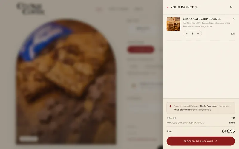 The basket drawer showing one box, postage and the bake and post dates
