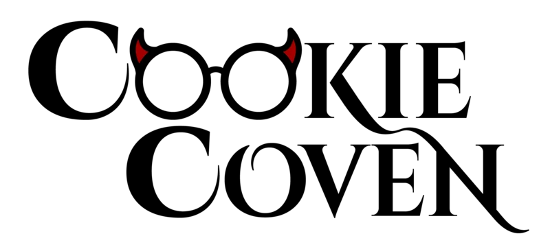 The Cookie Coven wordmark, with round glasses and red horns in place of the two O's