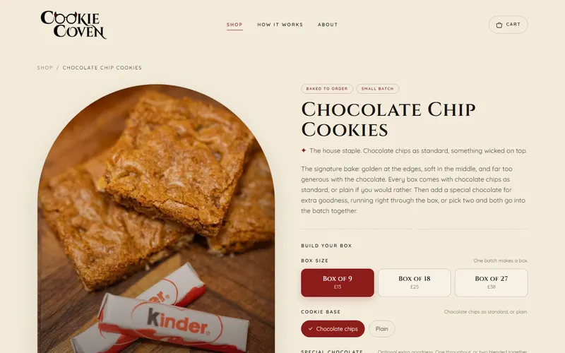 Cookie Coven product page with the box builder beside the photo