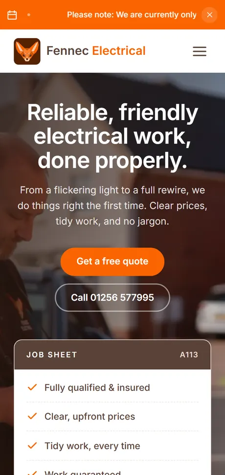 Fennec Electrical home page on a phone