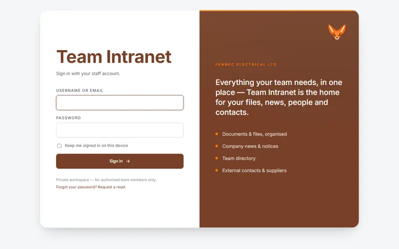The Team Intranet login page, branded in Fennec brown and orange