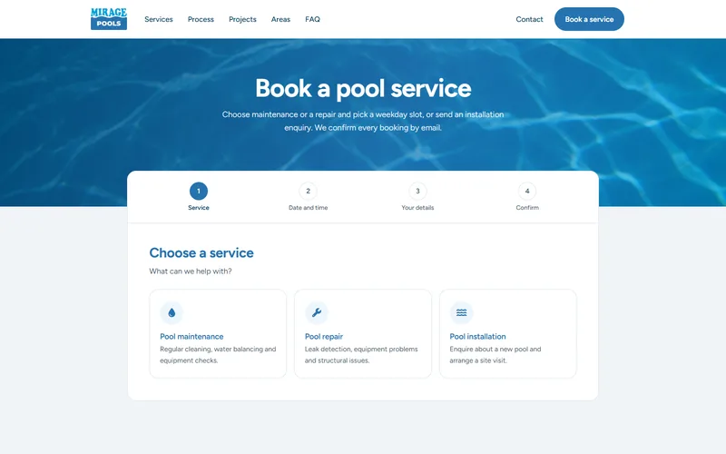 The booking page with the service, date and time fields