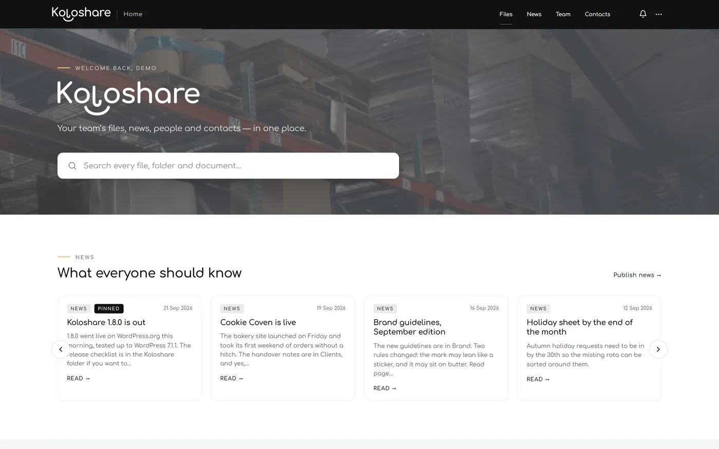 The Koloshare staff homepage on Standard, wearing the Koloshare brand, with a search box over the library and the news feed