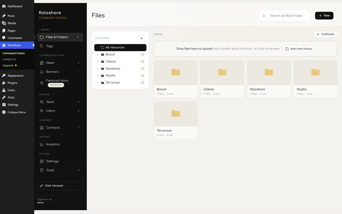 The Koloshare Command Centre with files, news, banners, team, contacts and settings in one screen