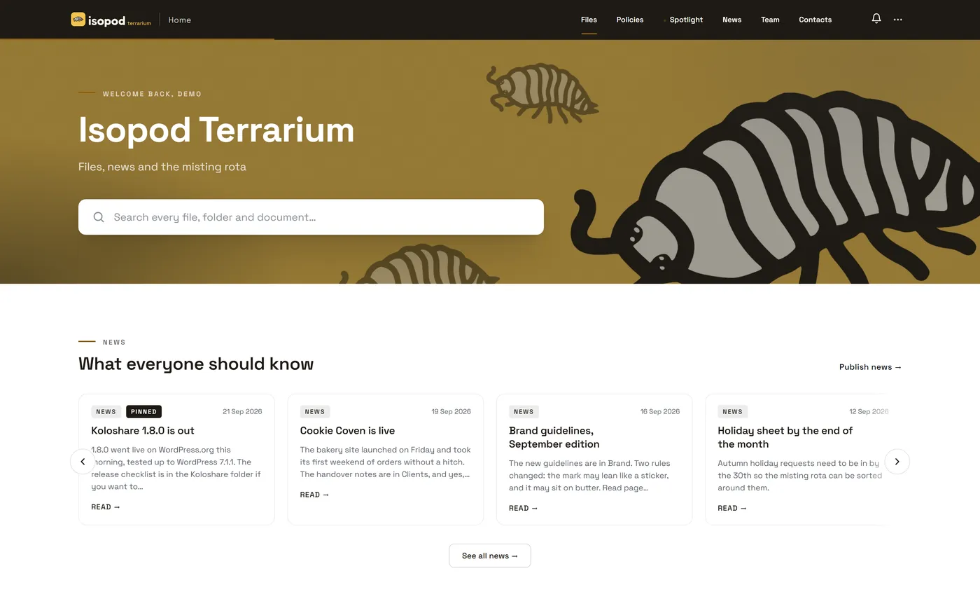 Isopod Terrarium, the Isopod Labs intranet on Koloshare Premium, with the studio's own logo and colours, a search box over the library and the news feed