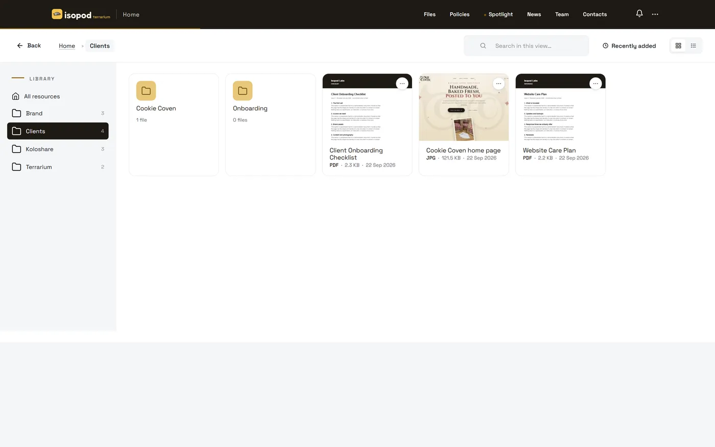 The Koloshare file explorer inside Isopod Terrarium, with a folder tree, PDF thumbnails and search within the view