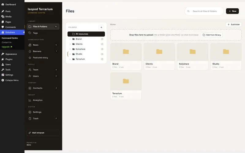 The Koloshare Command Centre for Isopod Terrarium, with files, news, banners, team, contacts and settings in one screen