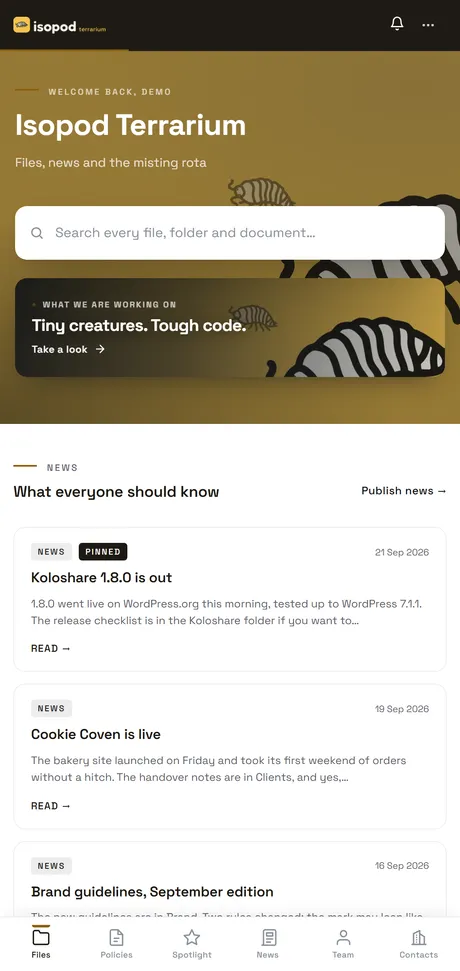 Isopod Terrarium homepage and file browser on a phone