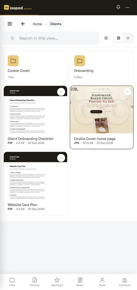 Isopod Terrarium homepage and file browser on a phone